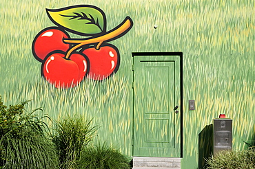 Mural on a house wall, cherries and grass motif