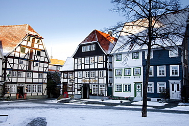 Snow-covered half-timbered houses in the historic town centre, Soest, Sauerland, North Rhine-Westphalia, Germany, Europe