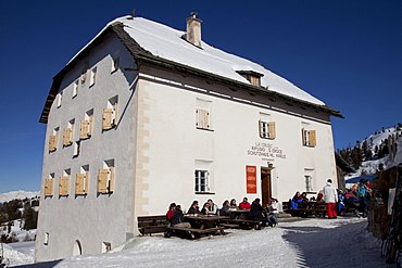 La Crusc, 2045m, restaurant and refuge Heiliges Kreuz on Mt. Heiligkreuzkofel, Fanes mountains, Fanes-Sennes-Prags Nature Park, Val Badia, Alta Badia, Dolomites, South Tyrol, Italy, Europe