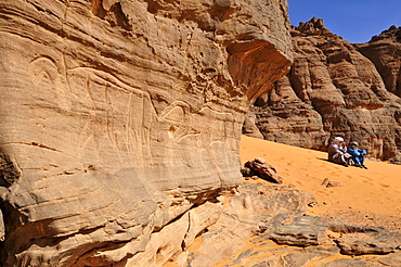 Neolithic rock art panel with Tuareg of the Tadrart, Tassili n'Ajjer National Park, Unesco World Heritage Site, Algeria, Sahara, North Africa