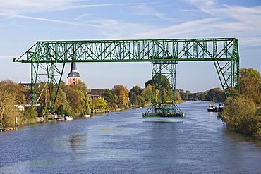 Transporter bridge over the Oste River between Osten and Hemmoor, Lower Saxony, Germany, Europe