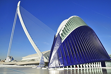 Modern bridge designed by Spanish architect Santiago Calatrava in Ciudad de las Artes y las Ciencias, City of Arts and Sciences, Valencia, Comunidad Valenciana, Spain, Europe