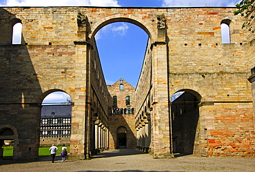 Looking through the nave of the ruins of the Paulinzella Benedictine Monastery, Rottenbachtal, Thuringia, Germany, Europe