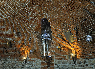 Armour and weapons in the restaurant in the former powder storage room of the fortress of Alba Julia, Karlsburg, Romania, Europe