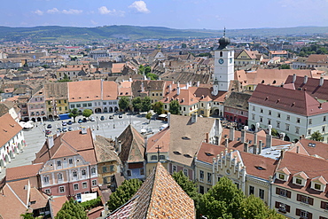 View from the tower of the Protestant church on the old town with old tower of the town hall, old town, Sibiu, Romania, Europe