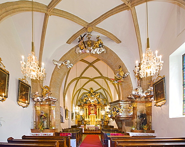 Interior view of Maria Namen church, late Romanesque early Gothic style, Baroque interior furnishing, Moenichkirchen, Bucklige Welt region, Lower Austria, Austria, Europe