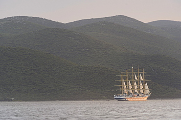 5 masted sailing cruise ship, Royal Clipper, off the island of Korcula, Peljesac Peninsula, Croatia, Europe