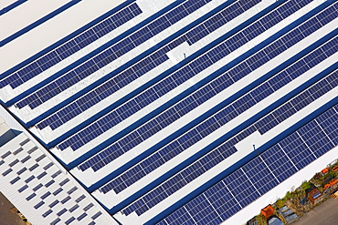 Aerial view, photovoltaic system on a flat roof, Hollerdau, Bavaria, Germany, Europe