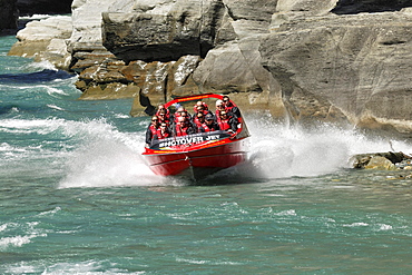 Jet boat, speed boat on Shotover River, Queenstown, South Island, New Zealand