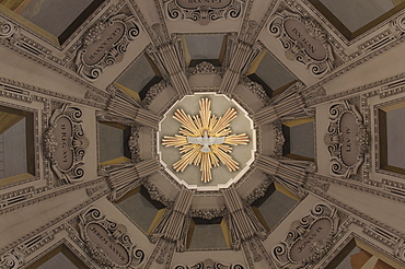 View of the main tower of Salzburg Cathedral, the central white dove as a symbol of the Holy Spirit, Salzburg, Austria, Europe