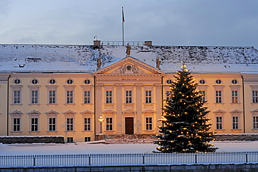 Main entrance of Bellevue Palace, residence of the German Federal President, with a Christmas tree at Christmas season, Berlin, Germany, Europe