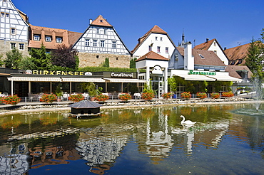 Cityscape at the town's moat with Birkensee Lake, Bad Wimpfen, Neckartal, Baden-Wuerttemberg, Germany, Europe