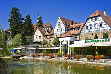 Cityscape at the town's moat with Birkensee Lake, Bad Wimpfen, Neckartal, Baden-Wuerttemberg, Germany, Europe