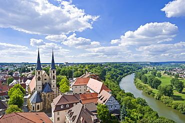 View over the town with the Parish Church and the Neckar River from Blue Tower, Bad Wimpfen, Neckartal, Baden-Wuerttemberg, Germany, Europe