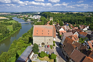 View from the Blauer Turm tower on the Neckar river and Steinhaus, old town, Bad Wimpfen, Neckar, Baden-Wuerttemberg, Germany, Europe