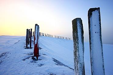 "Totems" landmark art installation created from more than 100 processed railway sleepers by Basque painter and sculptor Agustin Ibarrola, situated on snow-covered mining waste heap Halde Haniel above the pit Prosper-Haniel in winter, Bottrop, North Rhine-