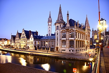 St. Michielsbrug bridge across the Leie River, view of the historic district, the former post office on the right, Saint Nicholas' Church, Sint-Niklaaskerk church, Ghent, East Flanders, Belgium, Europe