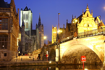 St. Michielsbrug bridge across the Leie River, view of the historic district with Saint Nicholas' Church, Sint-Niklaaskerk church and the Belfry of Ghent, a medieval tower at the back, Ghent, East Flanders, Belgium, Europe