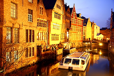 Leie River, view of the historic district, on Burgstraat street, canal cruise, Ghent, East Flanders, Belgium, Europe