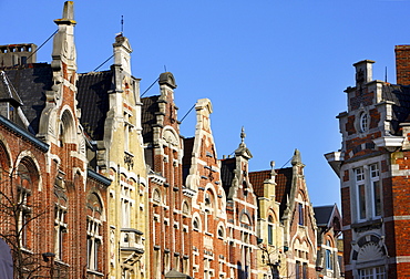 Gables of houses at the Baudelostraat on Vrijdagmarkt, Ghent, East Flanders, Belgium, Europe