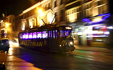 Wattman tram, colorfully illuminated while driving around, Ghent Light Festival, East Flanders, Belgium, Europe