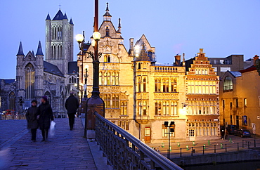 St. Michielsbrug bridge across the Leie River, view of the historic district with Saint Nicholas' Church, Sint-Niklaaskerk church, Ghent, East Flanders, Belgium, Europe