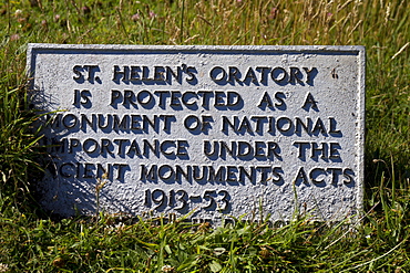 Sign at St. Helen's Oratory, a chapel at Cape Cornwall, Cornwall, England, United Kingdom, Europe