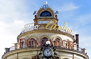 Building with advertising for a brand of Sherry, Pedro Domecq, Jerez de la Frontera, Costa de la Luz, Andalusia, Spain, Europe