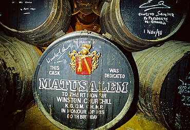 Old Sherry barrel with signature of Winston Churchill, Bodegas Tio Pepe, Jerez de la Frontera, Costa de la Luz, Andalusia, Spain, Europe