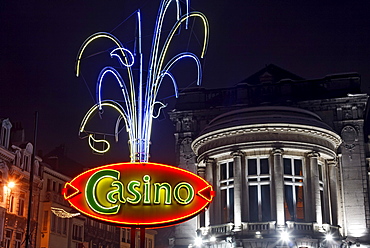 Neon sign with the lettering "Casino", gambling casino in the health spa complex, Ardennes region, Liege province, Wallonia region, Belgium, Benelux, Europe