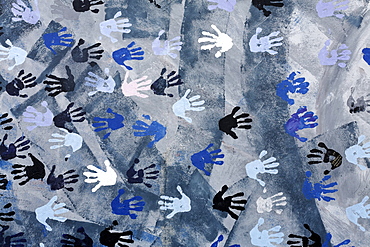 Coloured hand prints on the remants of the Berlin Wall, painting "Touch the Wall" by Christine Kuehn, East Side Gallery, Friedrichshain district, Berlin, Germany, Europe