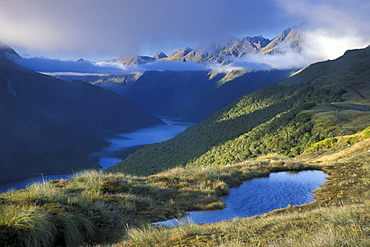 View from Key Summit Ridge down into the Greenstone Valley with Lake McKellar, Greenstone Track, Fiordland National Park, South Island, New Zealand