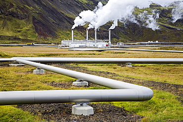 The geothermal Nesjavellir power station delivers energy via long pipelines and power-cables as far as Reykjavik, Iceland, Europe