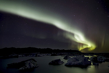 Polar lights (Aurora borealis), over Joekulsarlon glacial lake, Joekulsarlon glacier lagoon, southern Iceland, Europe