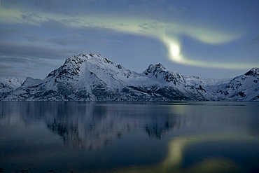 Polar lights (Aurora borealis), above Stortinden mountain in Oksfjorden, Oksfjord, Loppa, Finnmark, Norway, Europe