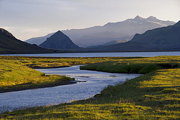 View from the campsite next to Alftavatn cottage onto lake Alftavatn, Laugavegur hiking trail, Highlands of Iceland, Europe