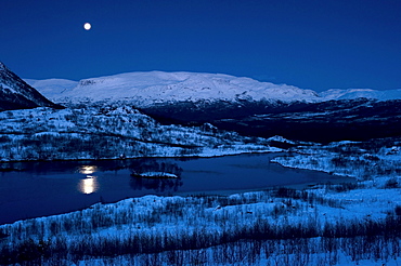 Moonrise on the edge of the Finnmarksvidda, Finnmark, Norway, Europe