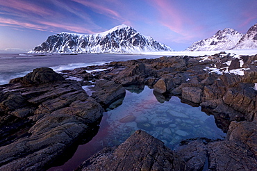 Evening mood at Skagsanden, the beach near Flakstad, Flakstadsoya, Lofoten, Nordland, Norway, Europe