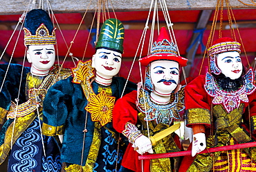 Puppets in a souvenir shop in the ruined city of Bagan, Myanmar, Burma, Southeast Asia, Asia