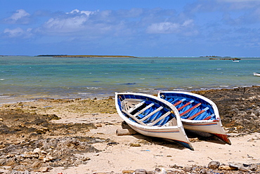 Two small rowing boats on the beach, Rodrigues, Mauritius, Africa