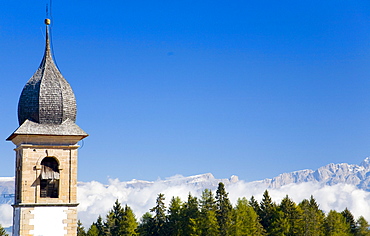 Church tower in Weissenstein, Petersberg, South Tyrol, Italy, Europe