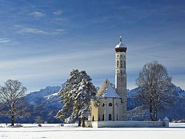 St Coloman's church near Schwangau in winter, Bavaria, Germany, Europe