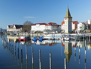 Harbour of Lindau with Mangenturm tower, Swabia, Bavaria, Germany, Europe
