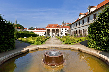 Wallenstein Palace and the castle garden, row of bronze statues, historic district, Prague, Czech Republic, Europe