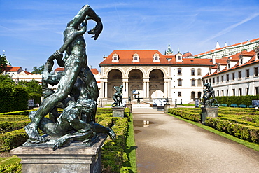 Wallenstein Palace and the castle garden, row of bronze statues, historic district, Prague, Czech Republic, Europe