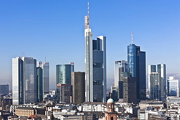 View of Frankfurt and its skyline, Commerzbank, Hessische Landesbank, Deutsche Bank, European Central Bank, Skyper building, Sparkasse, DZ Bank, Paulskirche Church, Roemer city hall, Frankfurt am Main, Hesse, Germany, Europe