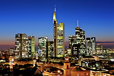 View of Frankfurt and its skyline, Commerzbank, Hessische Landesbank, Deutsche Bank, European Central Bank, Skyper building, Sparkasse, DZ Bank, Paulskirche church, Roemer city hall, Frankfurt, Hesse, Germany, Europe