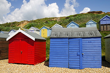 Beach huts on the beach of Milford on Sea, southern England, Great Britain, Europe