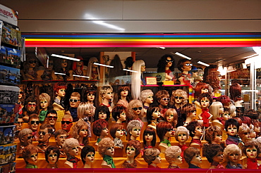 The window of a wig shop in a mall, Nuremberg, Middle Franconia, Bavaria, Germany, Europe