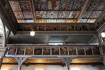 Painted coffered ceiling, lower gallery and elaborate gallery with the suffering, St.-Veit-und-St.-Michaels-Kirche church, 1634-1682, Pfarrberg, Heiligenstadt, Upper Franconia, Bavaria, Germany, Europe